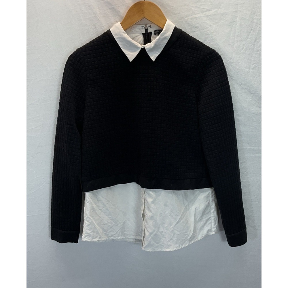 Alice + Olivia Employed Faux Layered Knit Pullover Black White Embossed SM